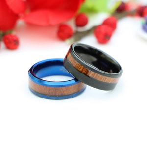 Black Tungsten Promise Ring, Hawaiian Koa Wood Inlay Bands, Engraved Rings, Blue Tungsten Engagement Ring, Valentine Gifts, Christmas Gifts