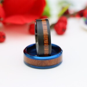 Engraved Band, Blue Tungsten Anniversary Ring, Hawaiian Koa Wood Inlay Bands, Black Tungsten Engagement Ring, Valentine Gift, Christmas Gift