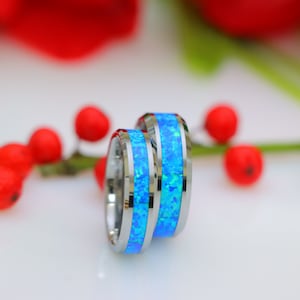 Blue Opal Tungsten Ring, Men&#39;s Wedding Band, Couple Wedding Ring, Women&#39;s Wedding Ring, Fire Opal Engagement Ring, Opal Ring, Mans Opal Band