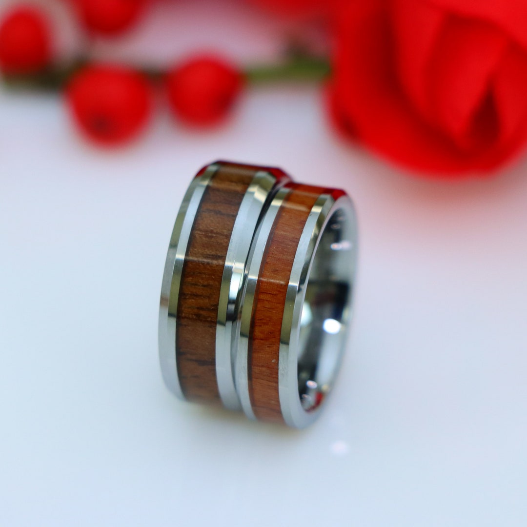 Silver Tungsten Proposal Rings, Koa Wood Inlay, Matching Couple Rings ...