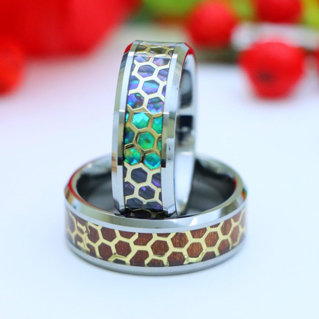 Abalone Inlay Beveled Edge Wedding Band, Honeycomb Patten Rings ...
