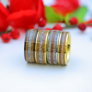 Thin Whiskey Barrel Strip & Deer Antler Inlay Ring, Koa Wood Inlay Rings, Black/Gold Tungsten Promise Ring, Valentine Gifts, Christmas Gifts