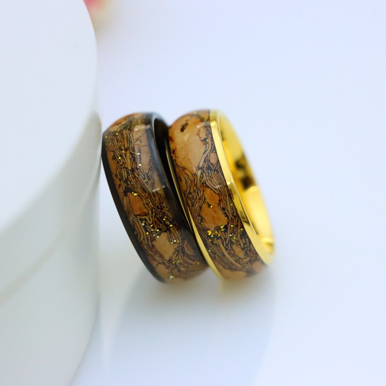 Tungsten Cork Inlay Ring, Yellow Gold Ring, 8mm Men Women Wedding Band ...