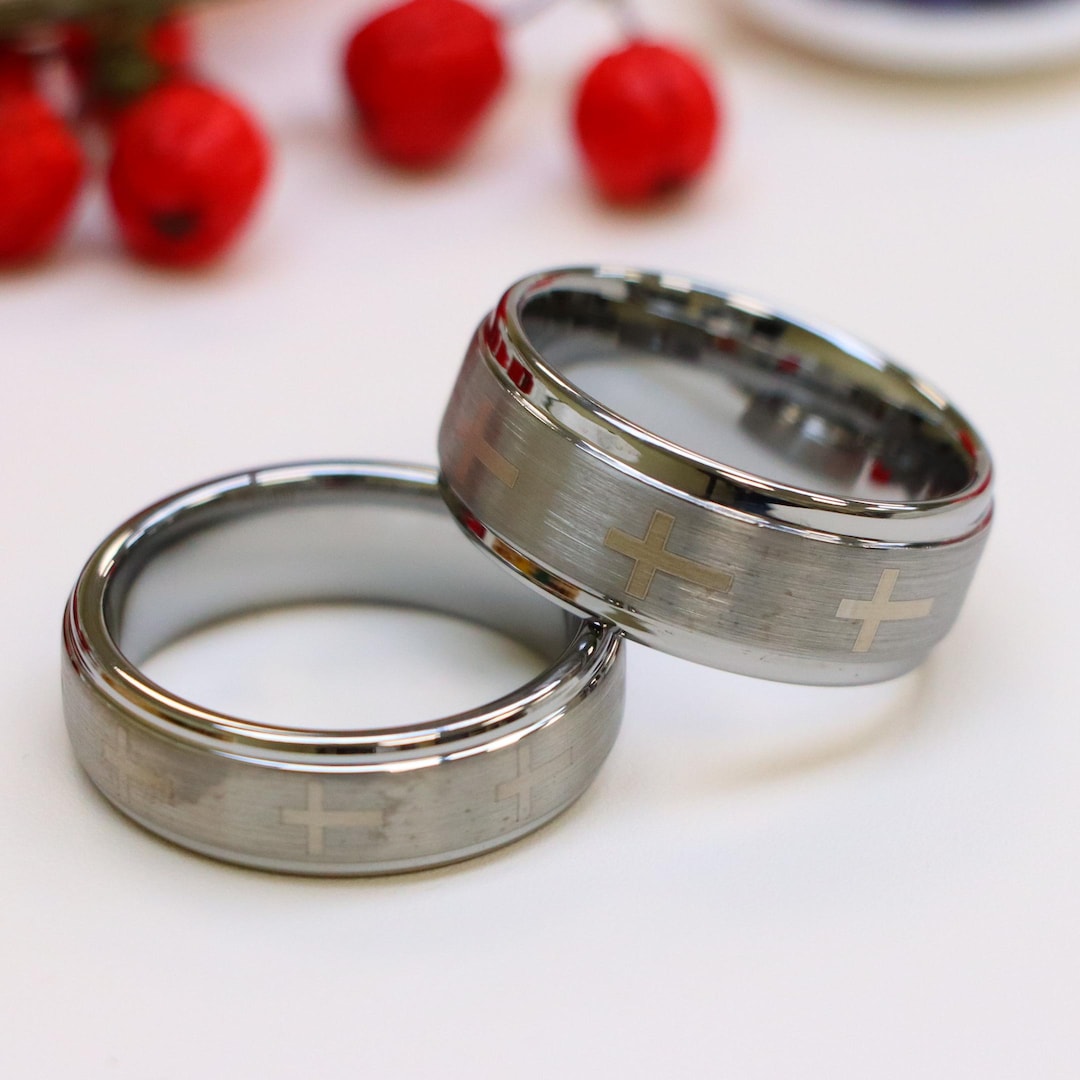 His and Her 7mm & 9mm Christian Rings, Men's Silver Cross Wedding Bands ...