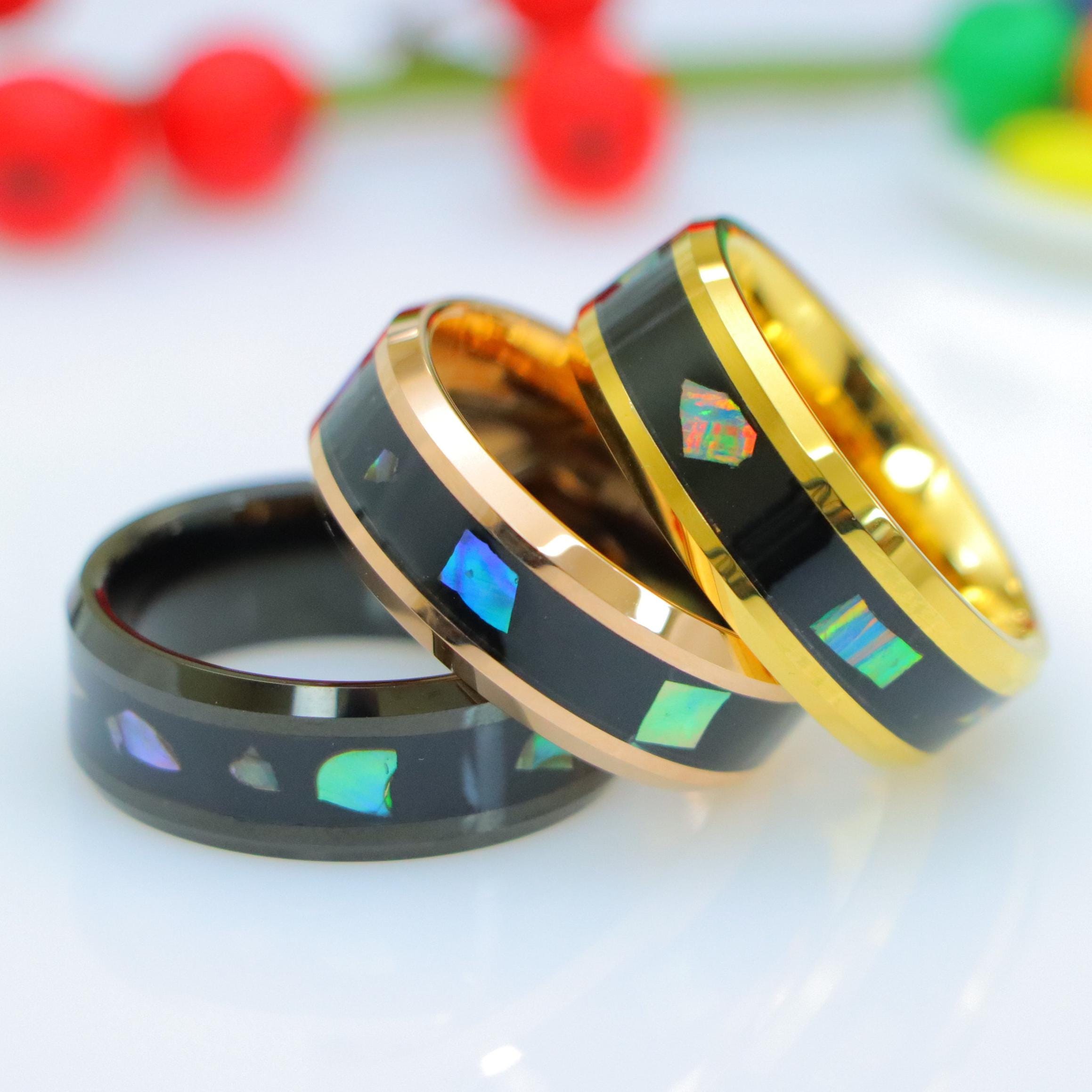 Mother of Pearl Engagement Ring, Black Resin Abalone Shell Inlay