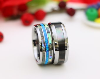 thumbnail interactive-video image 1 of CLOSEOUT! Tommyway Jewelry Tungsten Carbide Mother Of Pearl Wedding Ring Band - Size 13 (New Without Packaging) 1 of 6