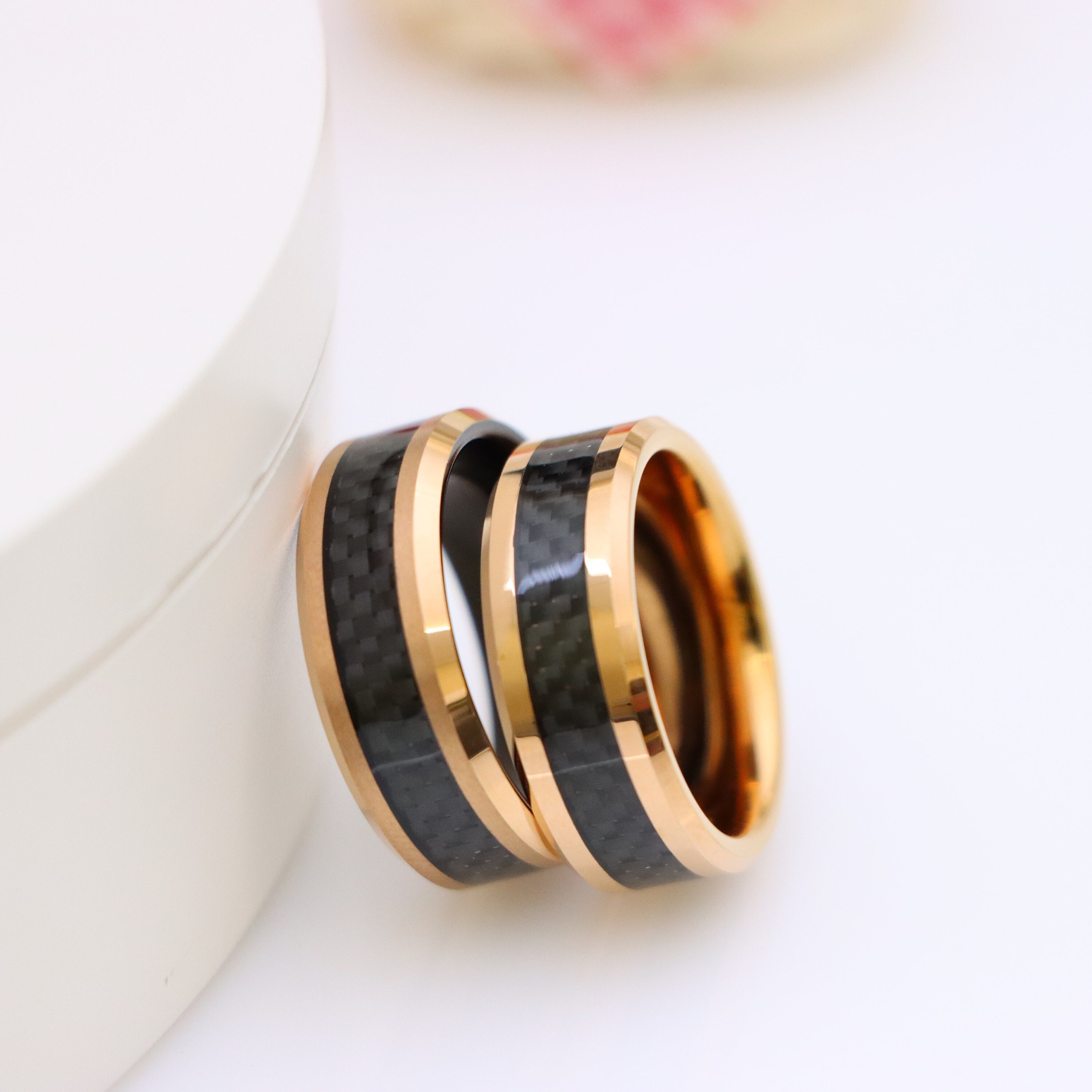 Rose Gold Black Carbon Fiber Tungsten Ring, Christmas Gift Ring