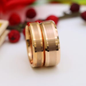Sparkling Couple Rose Gold Tungsten Ring With Brushed Inlay, Wedding Ring, Mens Wedding Band, Womens Engagement Ring Promise Engagement Band