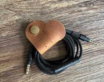 Leather Cord Tidy | 2 for 10 | Heart Cable Organiser | Premium Brown & Black Leather