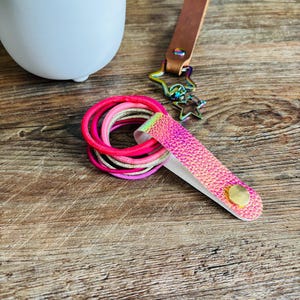 May include: A set of elastic hair ties in shades of pink and gold, held together by a textured, iridescent pink strap with a gold-tone snap button. A brown leather strap with a rainbow-colored metal star-shaped clip is attached to the hair ties.
