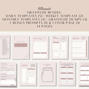 May include: A printable gratitude journal bundle with 14 pages, including daily, weekly, and monthly templates, gratitude dumps, bonus prompts, and a cover page. The pages are designed with a pink background and floral illustrations.