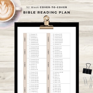 May include: A printable 52-week Bible reading plan with a brown background. The plan is divided into weeks, with each week listing the books and chapters to read for each day of the week. The plan includes the books of Genesis, Exodus, Leviticus, Numbers, and Deuteronomy.
