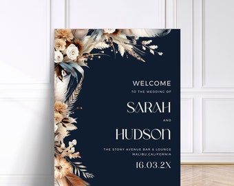 Terracotta and Navy Blue Welcome Sign, Rust Wedding, Navy Flowers Invites, INSTANT DOWNLOAD, Navy And Orange Wedding Invitation
