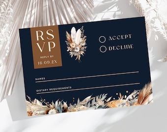 Terracotta and Navy Blue RSVP Card, Rust Wedding, Navy Flowers Invites, INSTANT DOWNLOAD, Navy And Orange Wedding Invitation