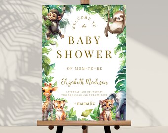 Safari Baby Shower Willkommensschild, SOFORTIGER DOWNLOAD, bearbeitbare Safari Baby Shower, Dschungel-Baby-Dusche-Einladung, Forrest Baby Shower