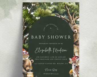 Inbjudan till babyshower i skogsstil, redigerbar babyshowerinbjudan i skogsstil, boho babyshowerinbjudan, könsneutral, förtrollad skog, direkt nedladdning