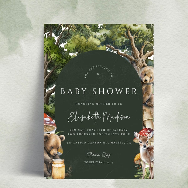 Forest Baby Shower Invite, Editable Woodland Baby Shower Invite, Boho Baby Shower Invite, Gender Neutral, Enchanted Forest, INSTANT DOWNLOAD