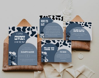 Little Cowboy Baby Shower Blue Invitation Bundle, Printable Wild West Baby Shower, Western Baby Shower Invite, Rodeo Baby Shower