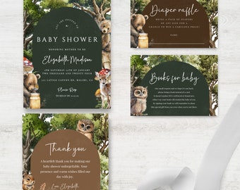 May include: A set of baby shower invitations and cards with a woodland theme. The invitation features text, a bear, and a deer. Other cards include a diaper raffle, books for baby, and thank you cards. The design includes forest elements.