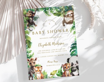 Puede incluir: Invitación a un baby shower con temática de jungla. Presenta ilustraciones de acuarela de un mono, un perezoso, una cebra, un tigre y un panda. La invitación incluye el texto "Baby Shower" y detalles del evento, incluyendo el nombre y RSVP.