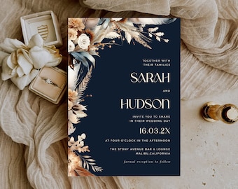 Terracotta and Navy Blue Invitation, Rust Wedding, Navy Flowers Invites, INSTANT DOWNLOAD, Navy And Orange Wedding Invitation