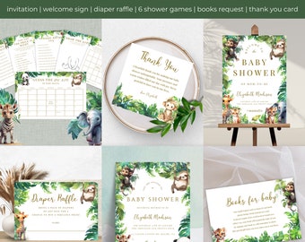Pacote de chá de bebê na selva, DOWNLOAD INSTANTÂNEO, pacote de chá de bebê Safari, chá de bebê com vegetação, chá de bebê editável, animais de safári, Templett