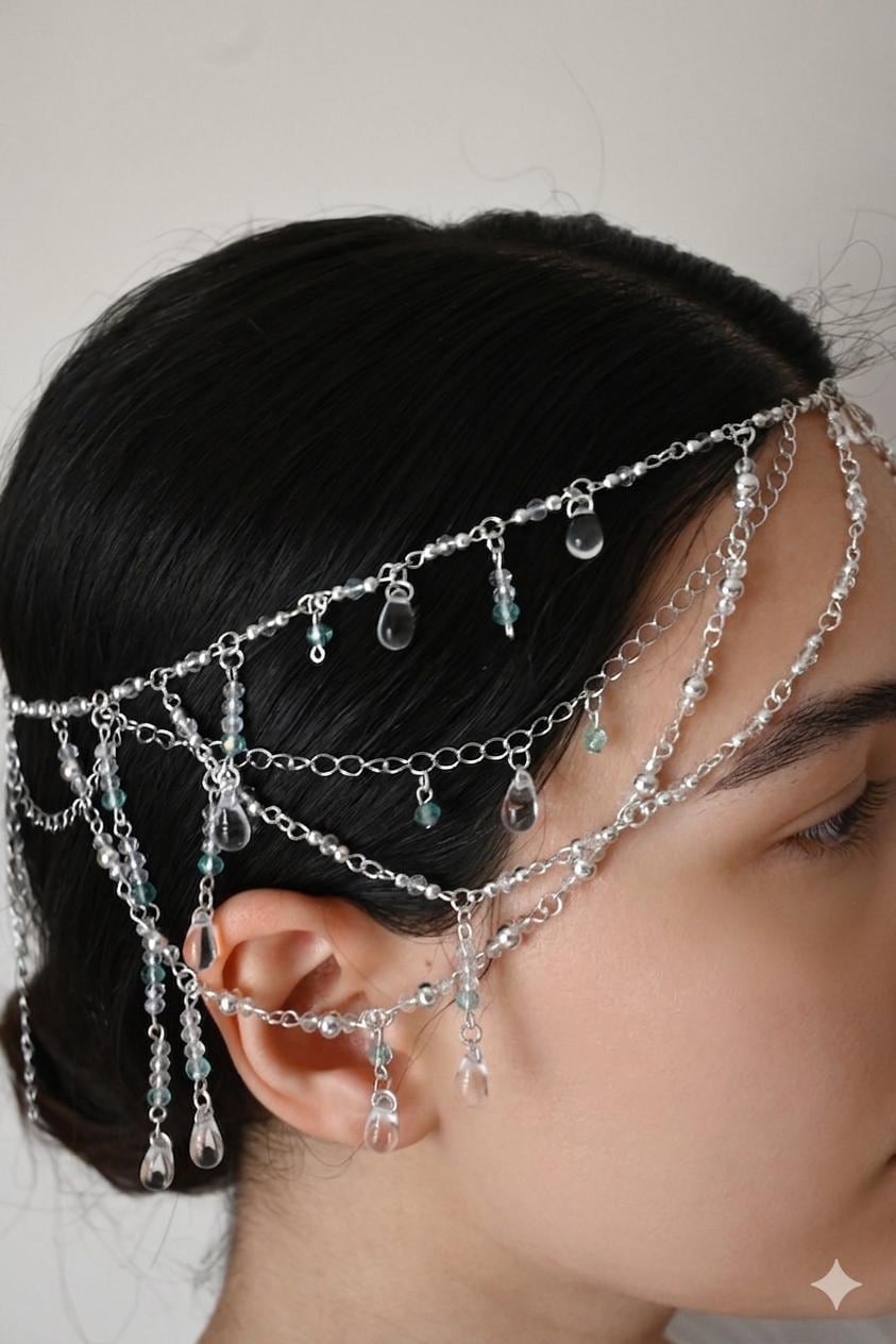 Silver Elven Hair Chain with Water Green Crystals, Boho Bridal Headpiece, Fairy Core Headband, Renaissance Hair Jewelry, Ethereal Prom Acces