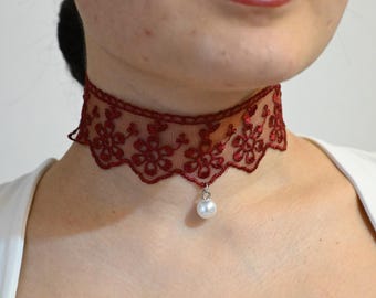 Burgundy Victorian Choker • Gothic Pearl Drop Choker • Wide Lace Choker Necklace • Renaissance Jewelry • Bridesmaid Gift • Fairycore Jewelry