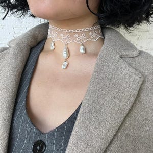 Salmon ribbon pearl choker,Ribbon pearl choker,Handmade lace choker,Fashion lace choker,Choker with ribbon,Choker with pearls