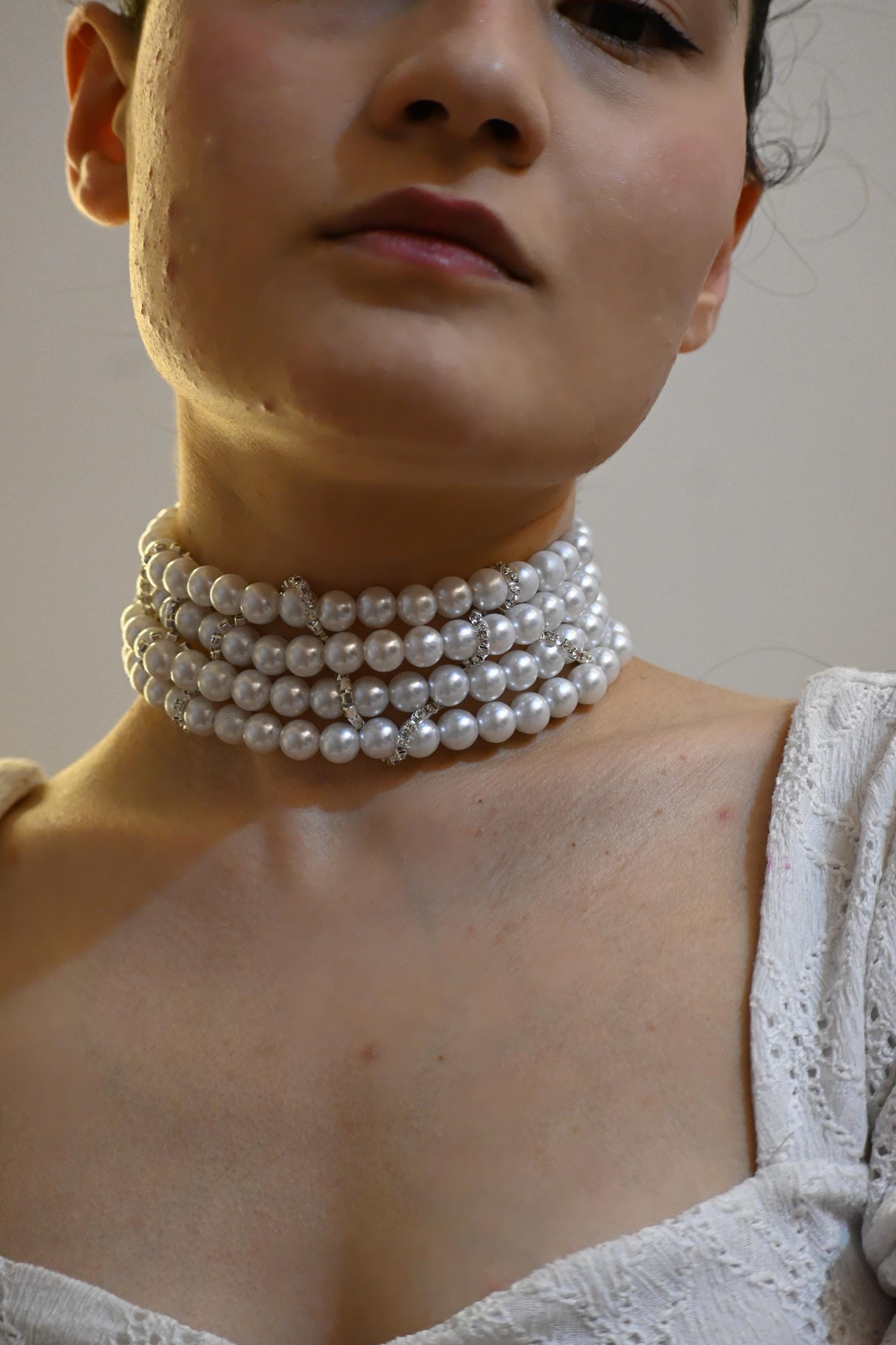 4 Layer Pearl and Crystal Choker Necklace – Multi Strand Bridal