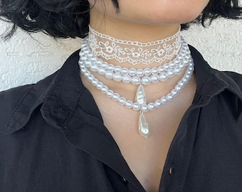 multi strand pearl choker,Gothic lace choker,Royal pearl choker,4-layer gothic choker,Victorian pearl choker,Luxury pearl layers