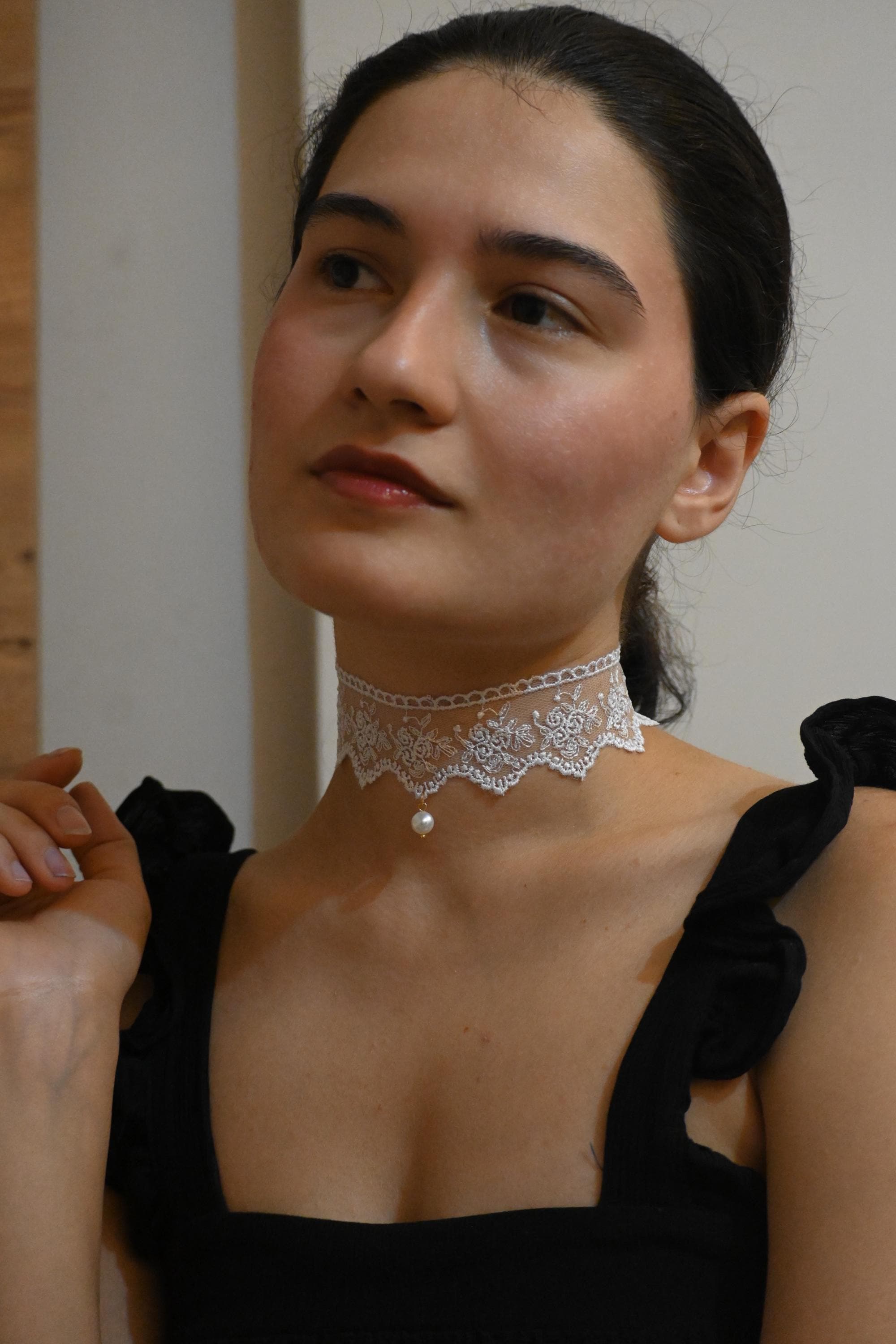 Lace Pearl Choker – Gothic Wedding Necklace, Real Baroque Pearl