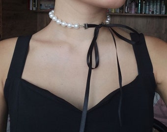 ribbon necklace,handmade tied ,pearl necklace,Women's Pearl Bow Necklace,necklace for wedding elegant,Korean Style,romantic french necklace,