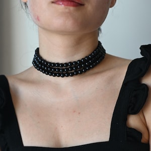 Black Pearl Choker – Gothic Layered Choker Necklace, Victorian Beaded Bridal Collar, Black Pearl Necklace for Bridesmaids & Weddings