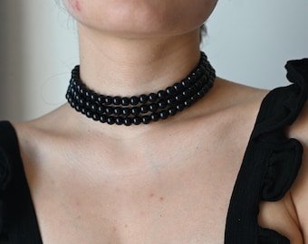 Black Pearl Choker – Gothic Layered Choker Necklace, Victorian Beaded Bridal Collar, Black Pearl Necklace for Bridesmaids & Weddings