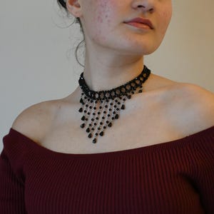 Handmade Black Crystal Choker – Gothic Punk Collar Necklace with Beaded & Crystal Details for Steampunk
