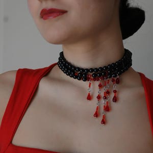 Vampire Pearl Choker Necklace • Black Blood Drop Gothic Jewelry • Witchy Victorian Layered Jewelry Set