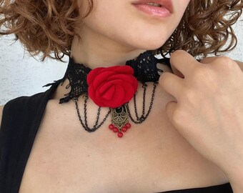 Gothic Romance: Red Rose & Black Lace Choker