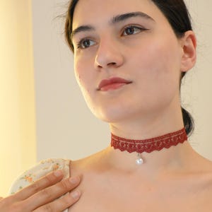 Burgundy Victorian Choker • Gothic Pearl Drop Choker • Wide Lace Choker Necklace • Renaissance Jewelry • Bridesmaid Gift • Fairycore Jewelry