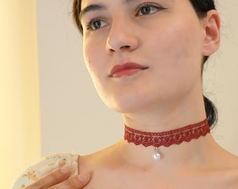 Burgundy Victorian Choker • Gothic Pearl Drop Choker • Wide Lace Choker Necklace • Renaissance Jewelry • Bridesmaid Gift • Fairycore Jewelry