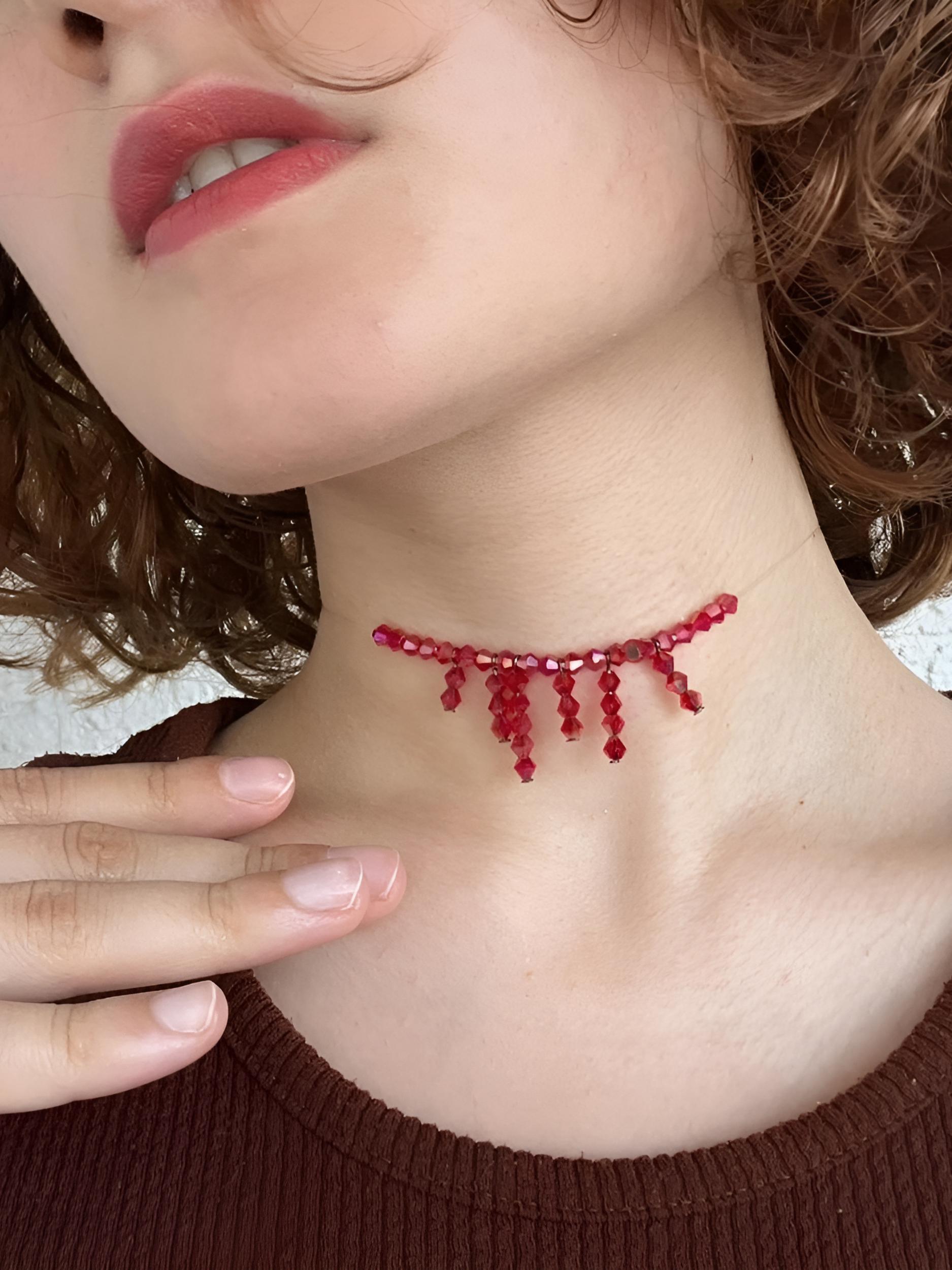 Gothic Dripping Blood Pearl Necklace For Women Layered Dripping Blood