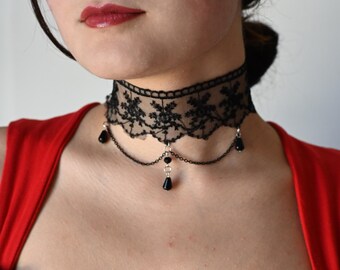 black Lace Choker Necklace | Wide Gothic Collar | Renaissance Fair Jewelry | Mourning Witch Necklace