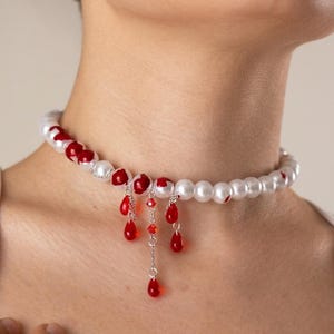 Blood Drop Pearl Necklace, Gothic Vampire Necklace, Dripping Blood Necklace, Single Strand Pearl Necklace, Bite Necklace, Romantic Goth