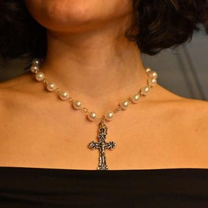 pearl and lettered cross necklace,Cross necklace pearl,cross necklace,Handmade cross pendant,Christian jewelry,pearl cross necklace