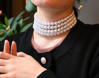 4 Row Pearl Choker Necklace and Pearl earring gift, Layered Pearl Statement Necklace, Vintage Bridal Choker, Adjustable White Pearl Necklace