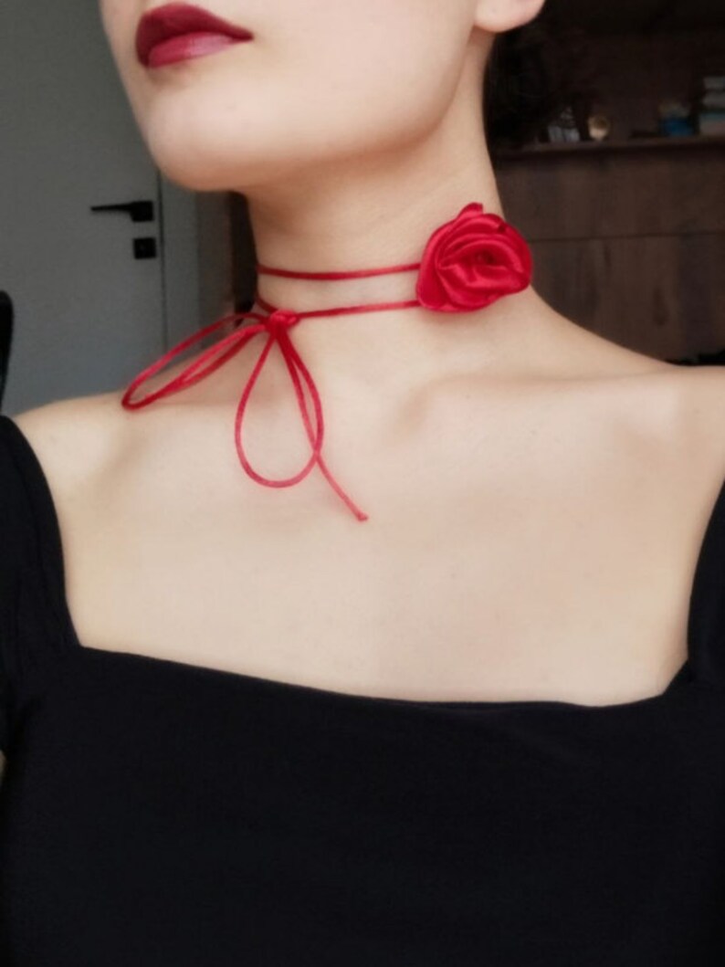 Mini Rosesste Choker Rose Flower Choker Necklace , Red Satin Ribbon Rose Choker, Choker for ...