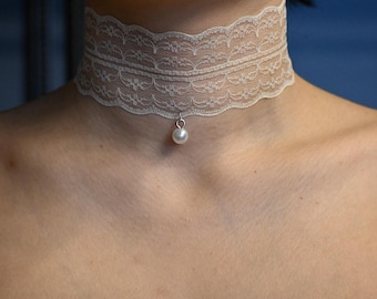 Weißer Spitzen Choker - Vintage viktorianischer Perlenkragen | Brautschmuck,Coquette,Coquette Halskette