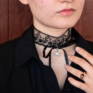 Black Lace Choker Necklace with Ribbon & Pearl Details – Gothic, Victorian-Inspired Jewelry, Elegant Lace Collar