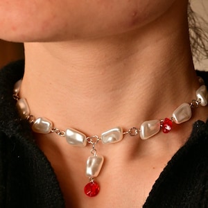 Handmade Red Gemstone and glass pearl Necklace,Flat Pearl Beaded Necklace,Unique Red Stone Jewelry, Glass Bead Necklace