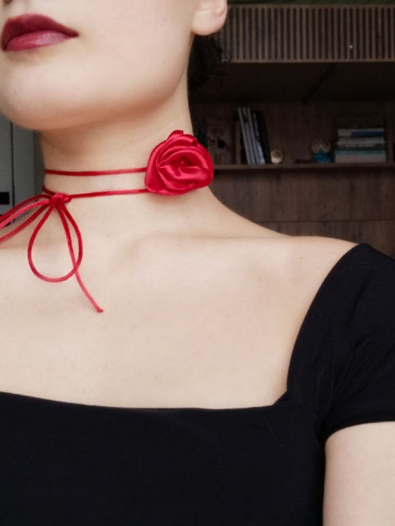 Rose flower choker necklace Red satin ribbon rose choker Choker for Gift red ribbon choker french velvet choker Choker Bridesmaid
